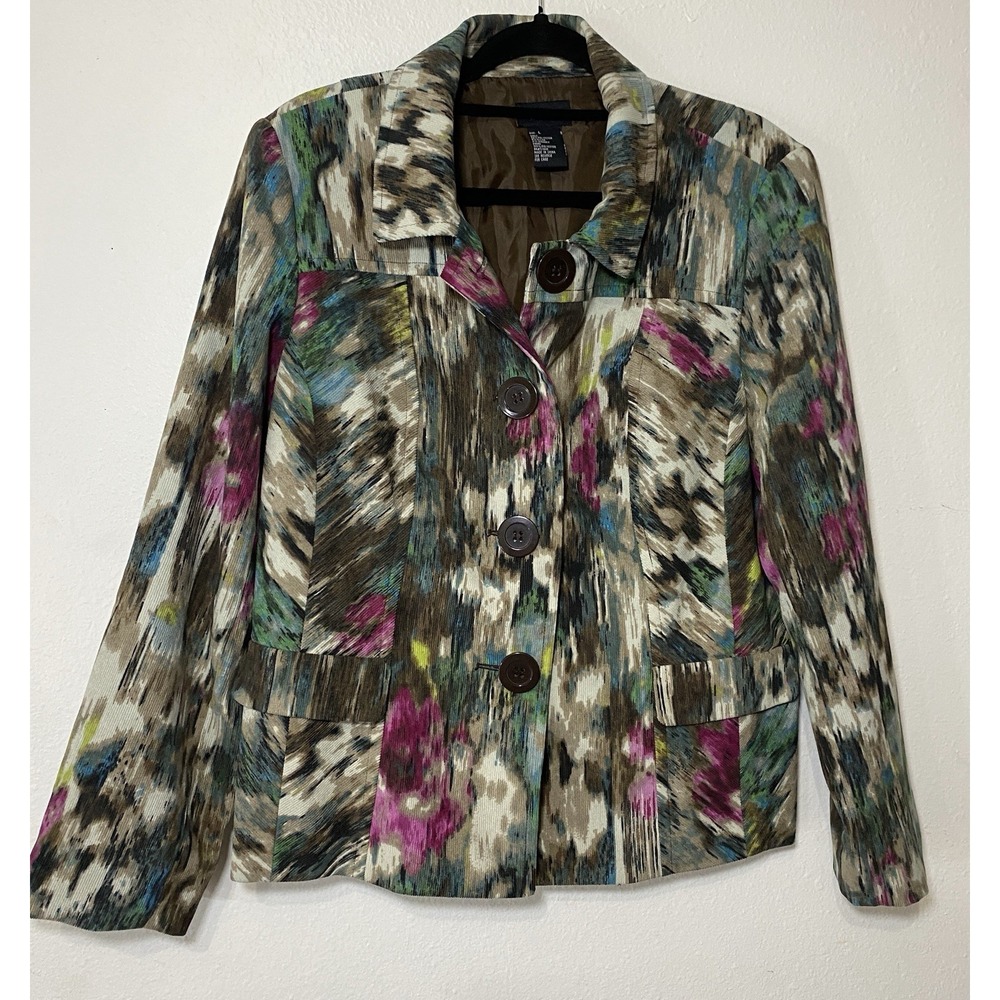 RQT Women's Size L Multicolor Abstract Button Front Short Jacket Long Sleeve